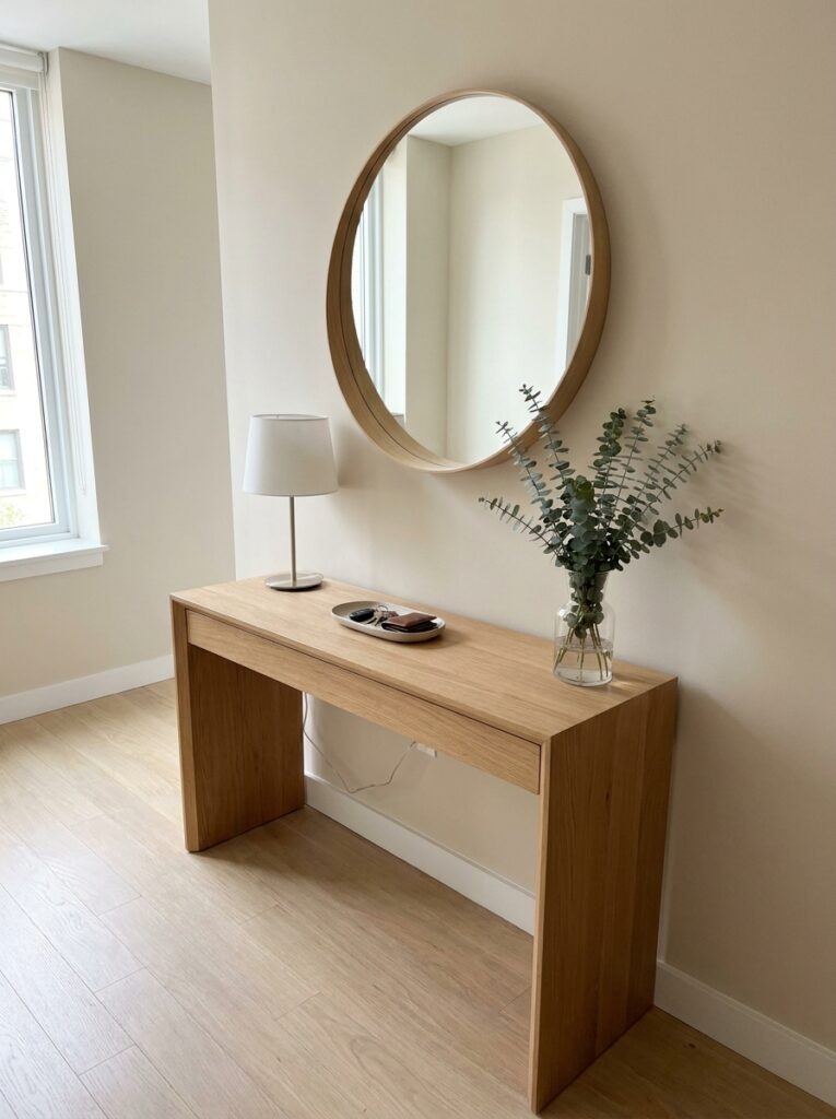Minimal entryway table decor with tray, lamp, and mirror in a neutral modern home