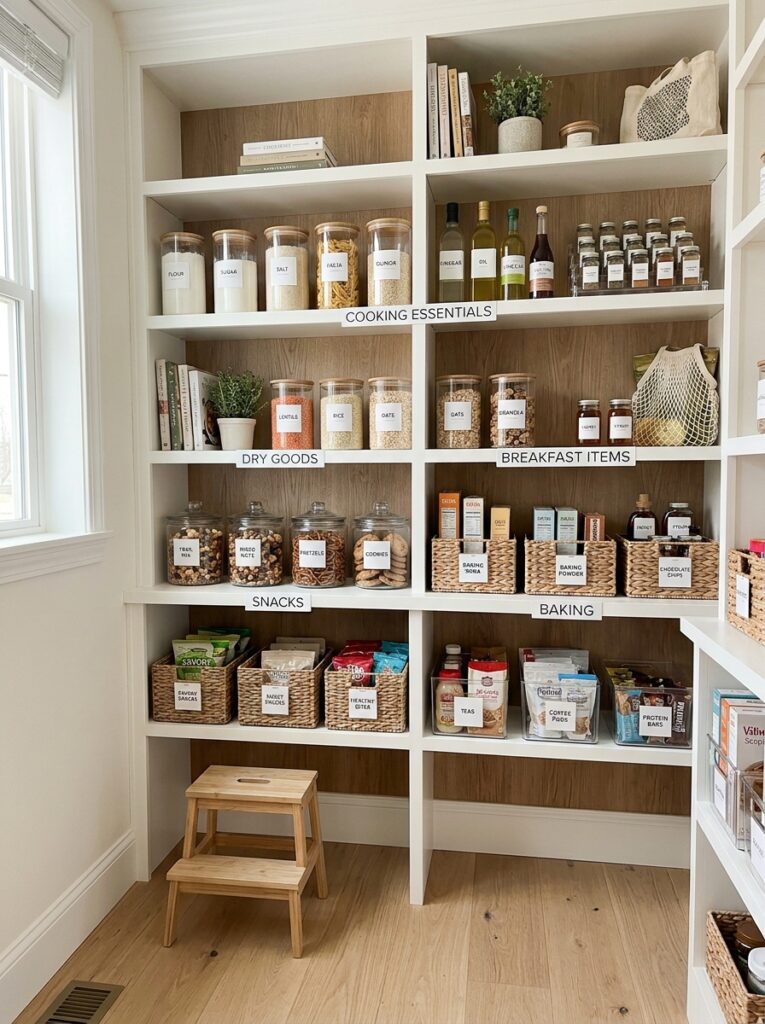 pantry organization using zones for snacks, dry goods, and everyday kitchen items