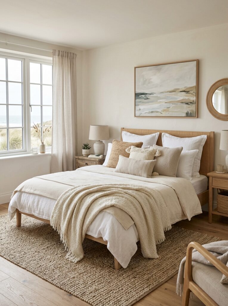 Coastal bedroom with layered textures like rugs and cushions for added depth