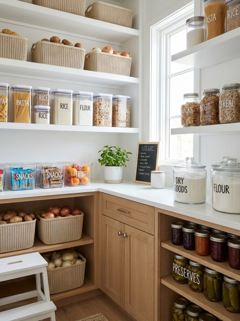 organized pantry design with clear containers, labeled jars, and baskets for efficient kitchen storage