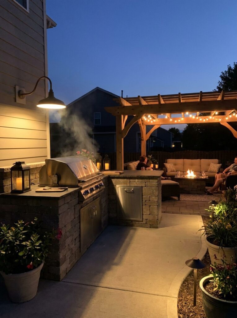 Outdoor kitchen lighting setup with task lights and ambient lighting for evening use