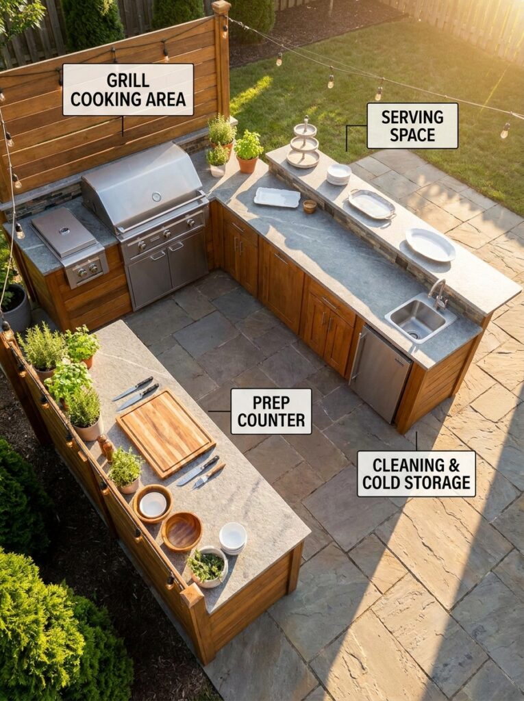 Outdoor kitchen layout with prep area, cooking zone, and serving space in a small backyard
