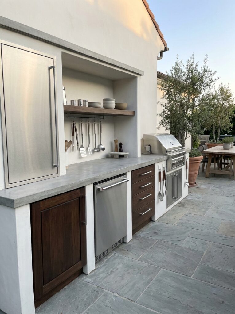 Outdoor kitchen storage with cabinets and drawers for organized cooking tools