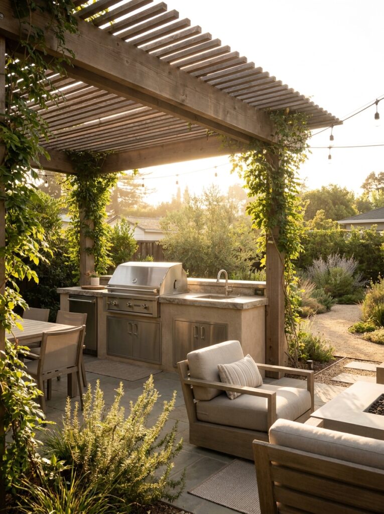 Outdoor kitchen with pergola providing shade for comfortable daytime cooking