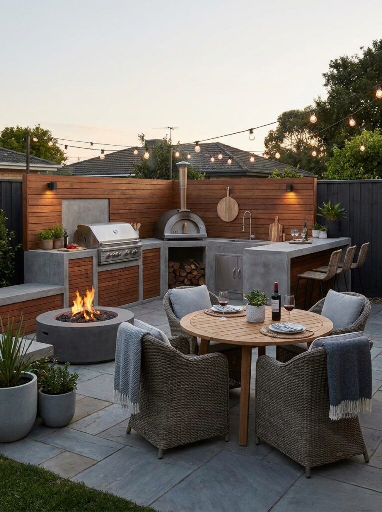 Outdoor kitchen with small seating area for social and functional use