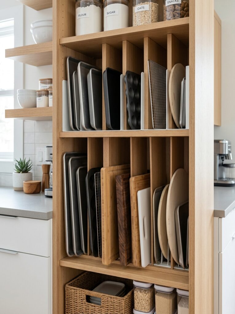 pantry storage with vertical dividers for baking trays and cutting boards