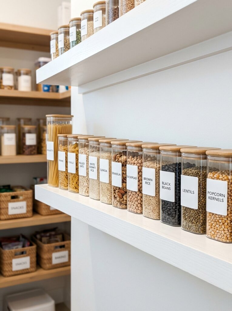 Pantry organized with clear containers and labeled dry food storage