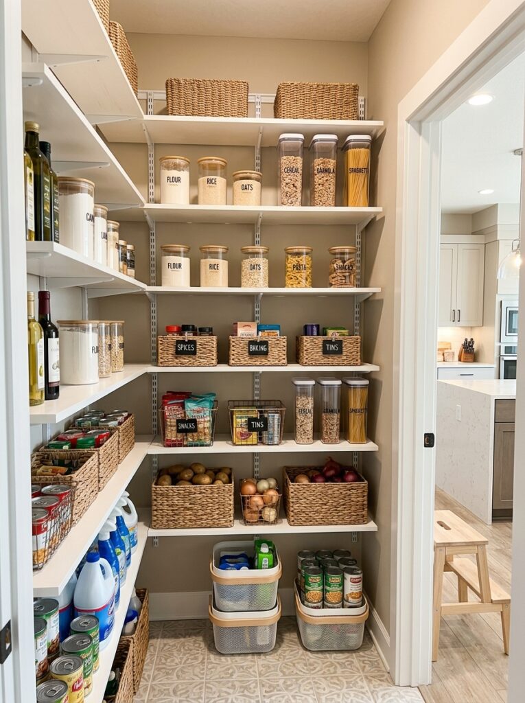 pantry with adjustable shelves for flexible storage of jars, baskets, and tall containers