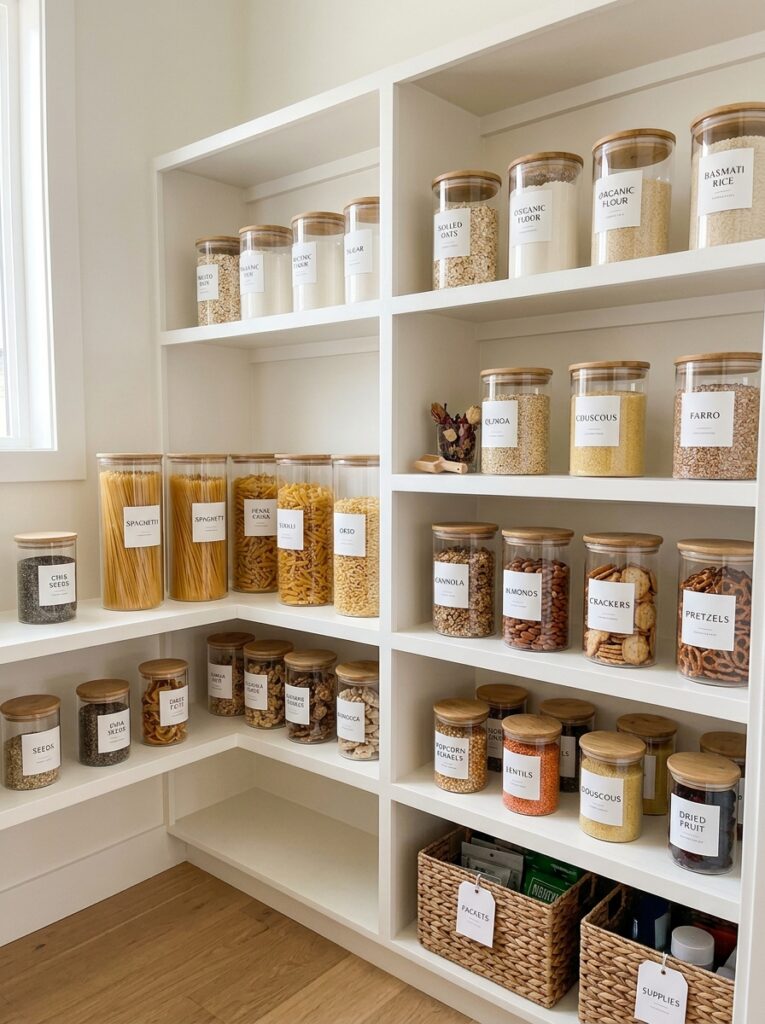 pantry storage using matching clear containers and labeled jars for a clutter-free look