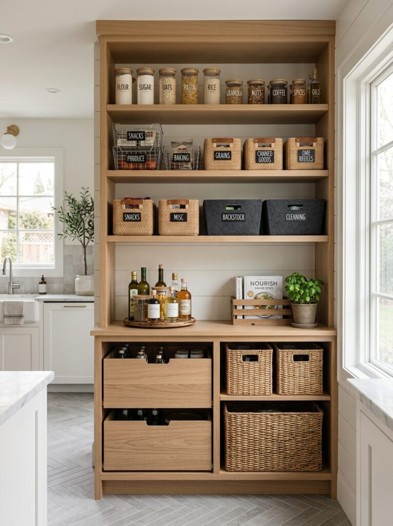 pantry with open shelves and storage bins for a clean and organized kitchen setup