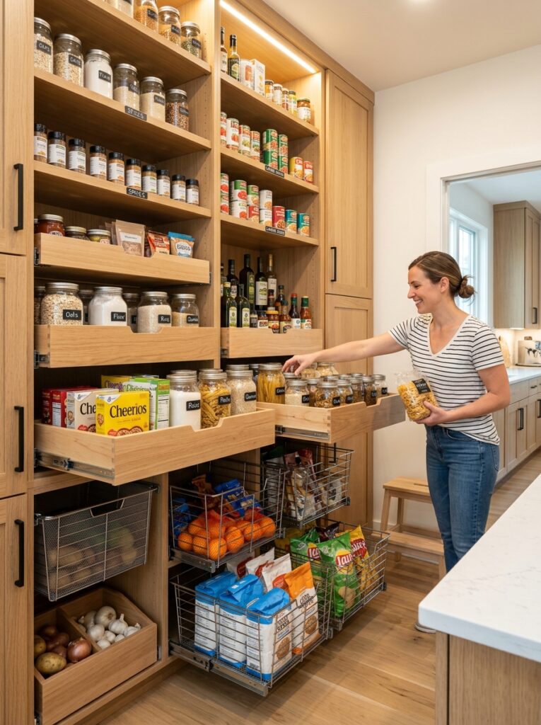 pantry with pull-out drawers and deep shelves for better visibility and access