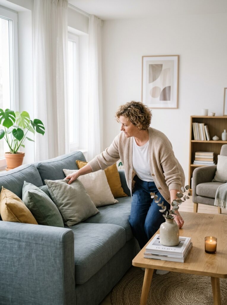 Final styling touches in a clean living room after decluttering