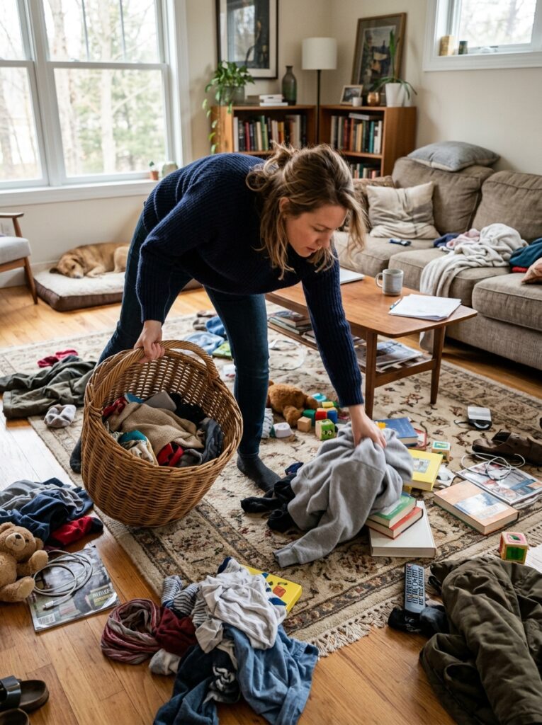 Person quickly picking up clutter from living room floor and surfaces during quick declutter