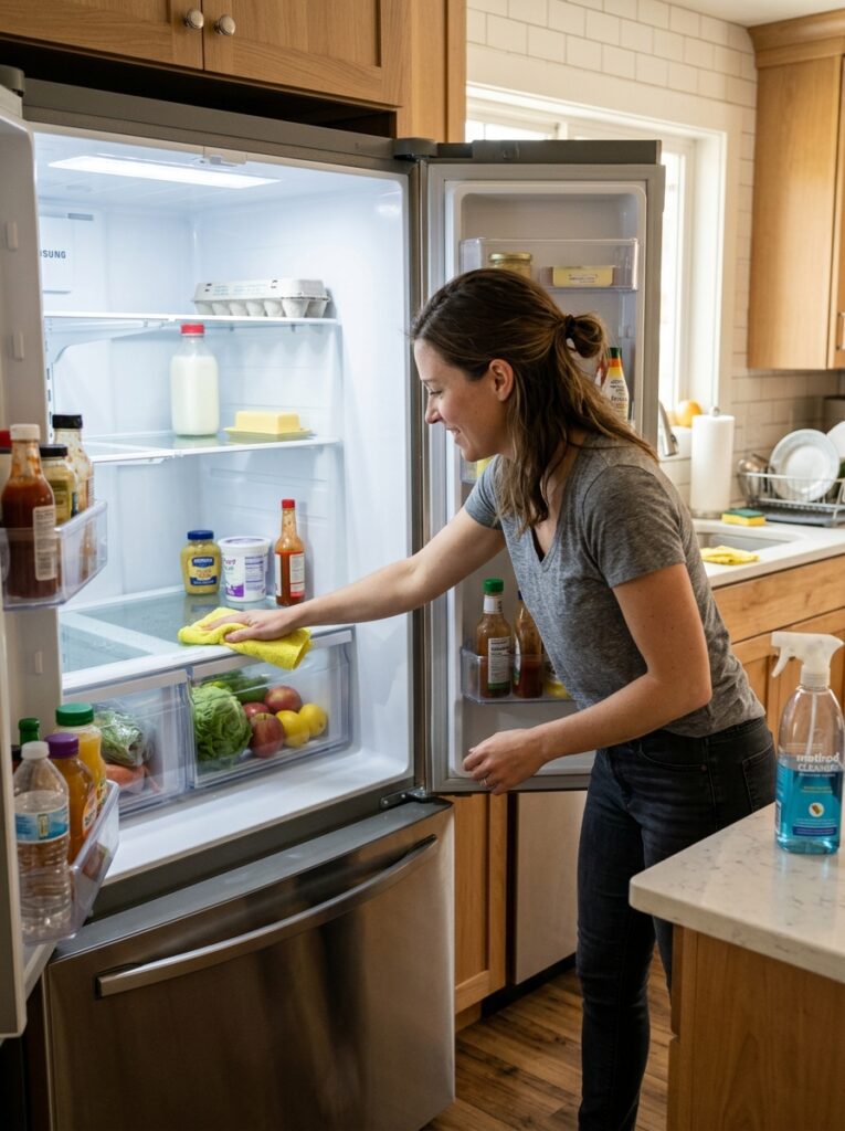 Weekly fridge cleaning and reset to maintain organization and freshness