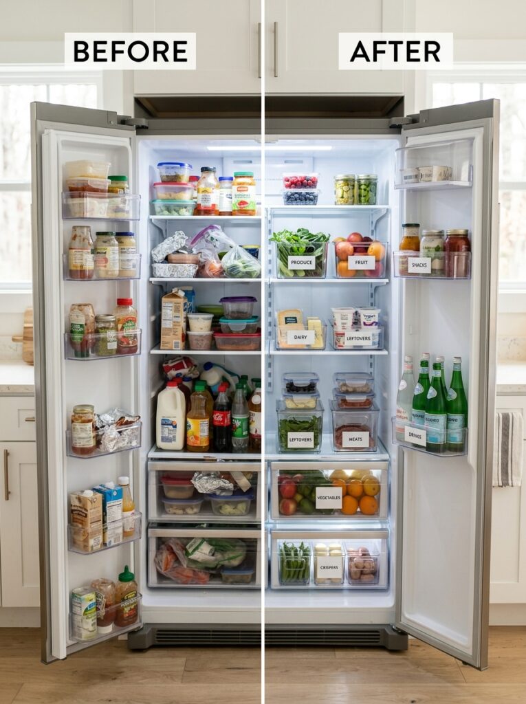 Fridge organization before and after showing clean labeled storage and clutter-free shelves