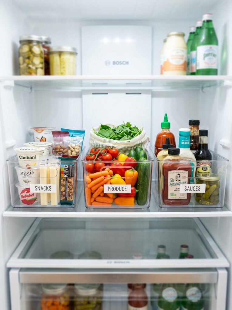 Clear labeled bins in fridge organizing snacks produce and condiments