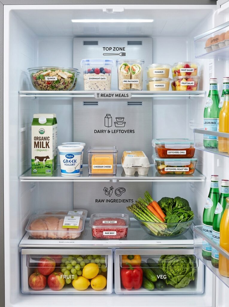 Fridge organized into zones with separate shelves for meals dairy and raw food