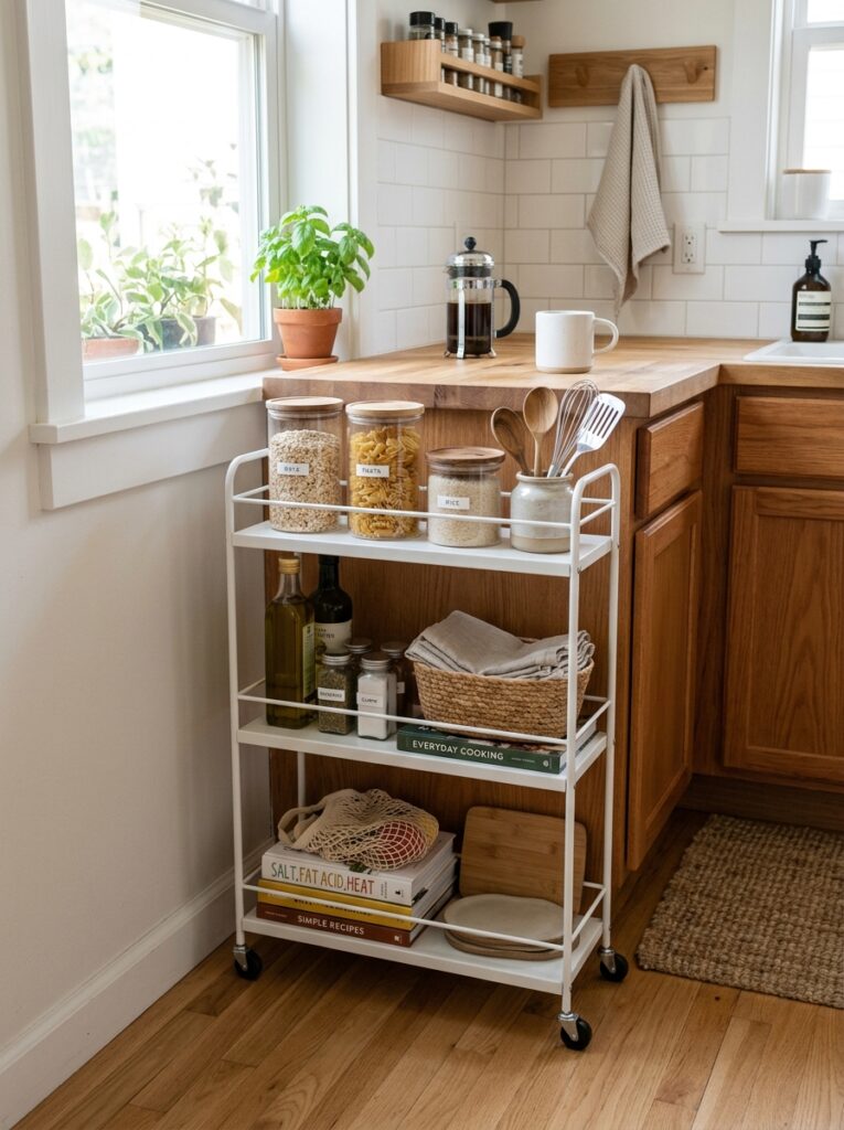 Slim rolling cart used for extra storage in a small kitchen