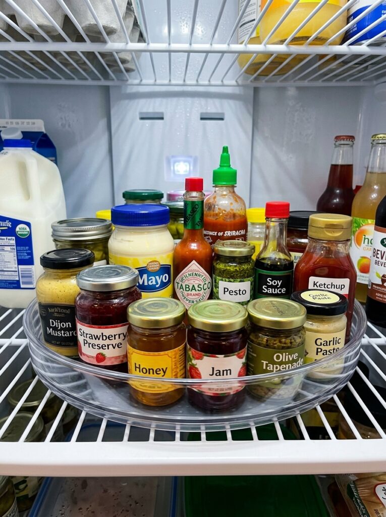 Lazy Susan in fridge organizing small jars and condiments for easy access