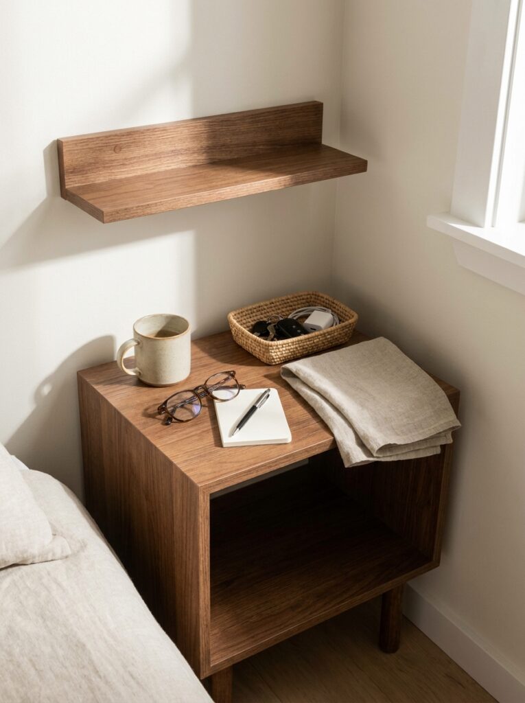 Small apartment setup with everyday essentials placed within easy reach in a clean and minimal way
