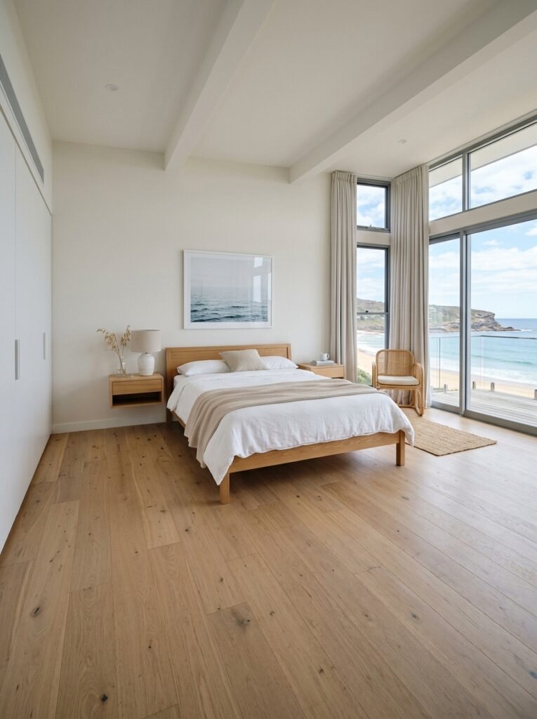 Coastal bedroom with open floor space and uncluttered layout
