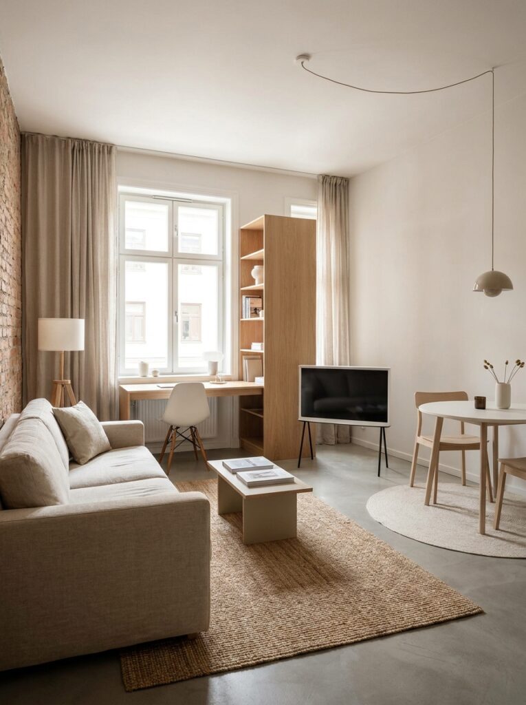 Studio apartment with clearly defined zones for living, working, and dining using simple furniture layout