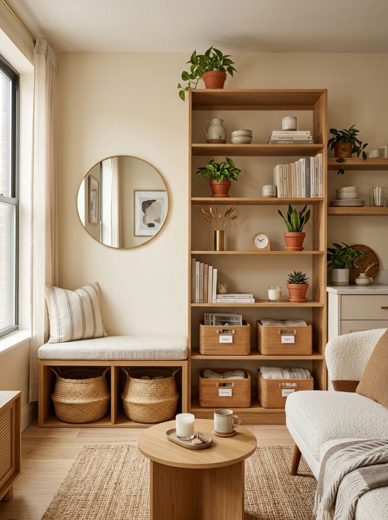 multifunctional furniture for small apartment with storage bench and open shelves