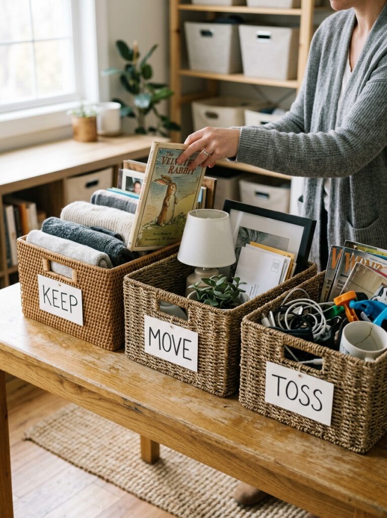 Decluttering method using keep move toss bins to sort household items quickly