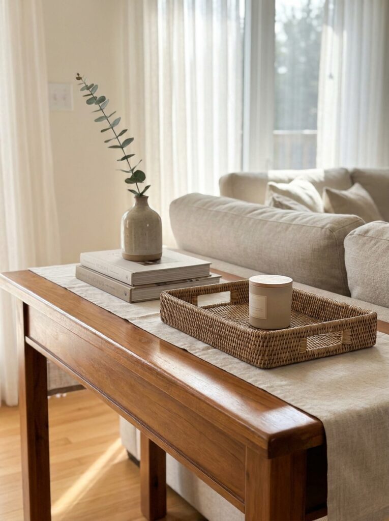 Tidy entryway surface with no clutter, showing controlled drop zone and organized daily items