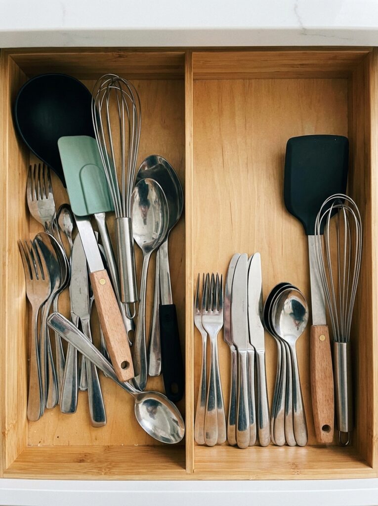 Before and after of a utensil drawer showing a quick, simple organization reset.