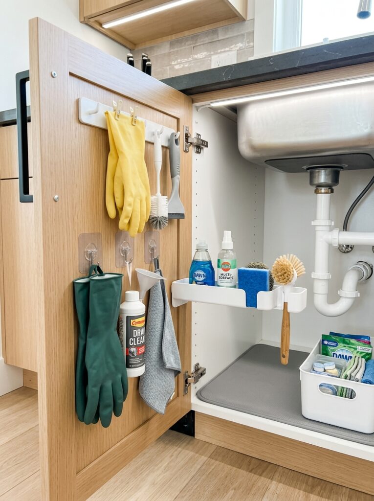 Storage hooks and racks on cabinet door under sink