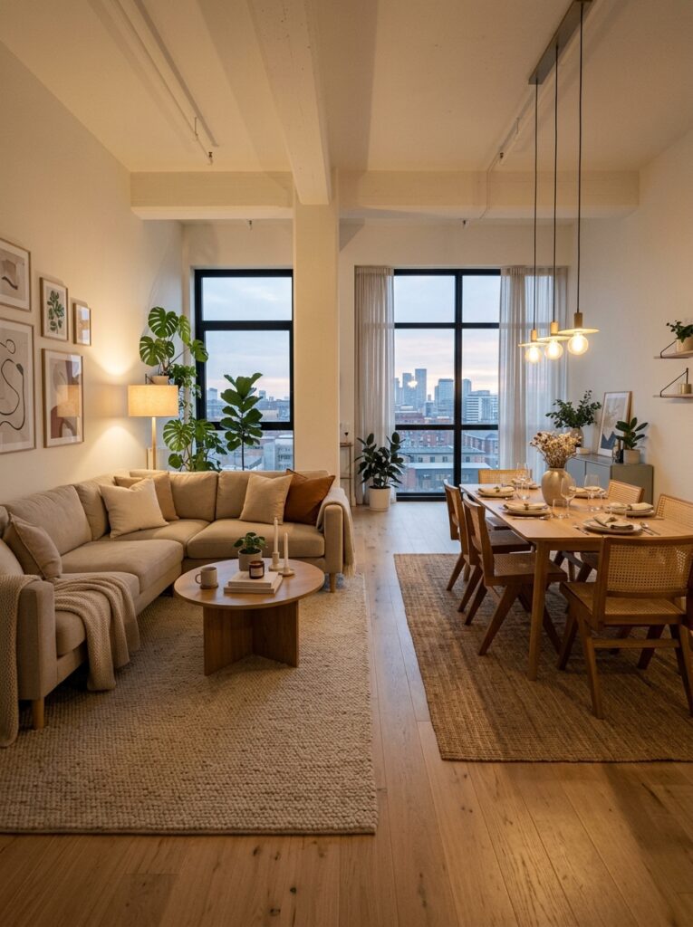 Renter-friendly apartment layout using rugs to define living and dining spaces in an open floor plan.