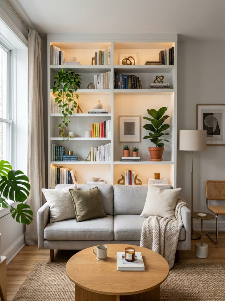 Renter-friendly built-in look created using a bookshelf styled against the wall in a modern apartment.