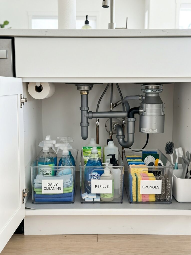 Clear labeled bins organizing cleaning supplies under sink