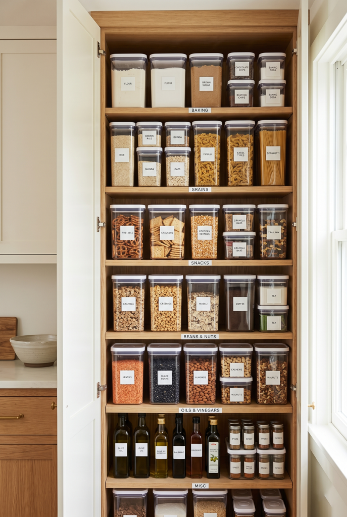 Organized kitchen pantry with clear storage containers, neatly stacked and grouped for easy access and visibility.