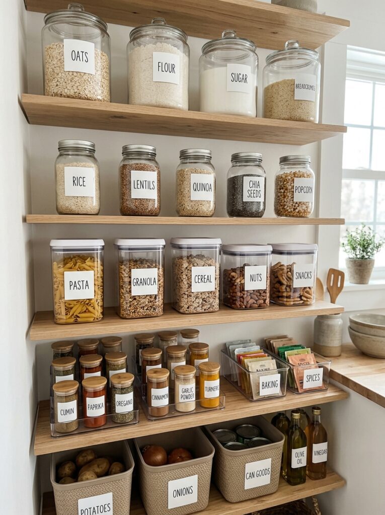 Clear storage containers used in pantry to keep items visible and organized in a small home