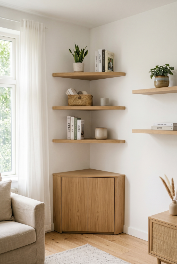 Unused corner transformed into functional storage with corner shelves, baskets, and minimal decor in a small living space.