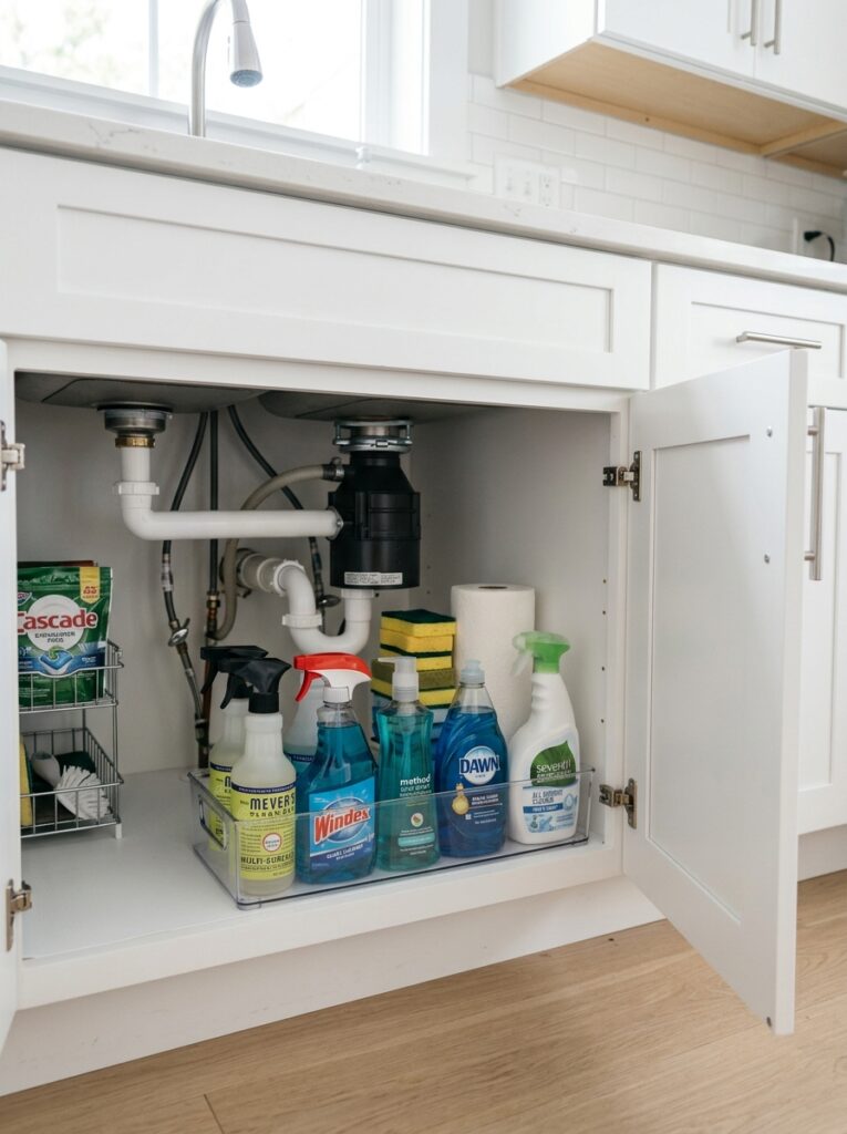 Daily use cleaning supplies placed for easy access under sink