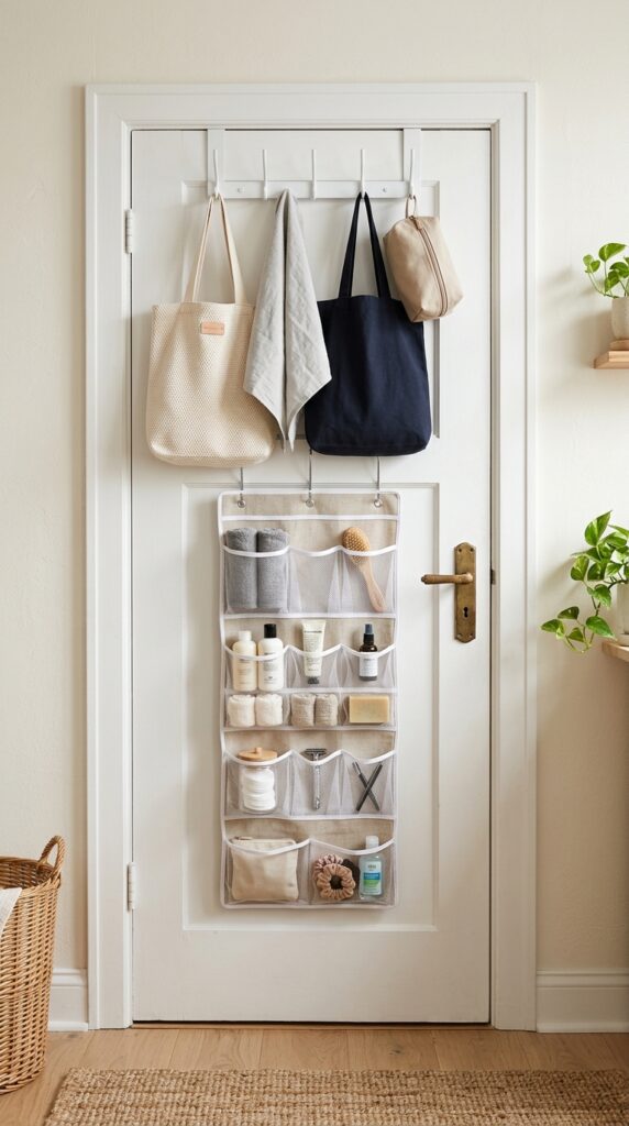 Back of a door used for storage with hooks and an over-the-door organizer holding everyday items neatly.