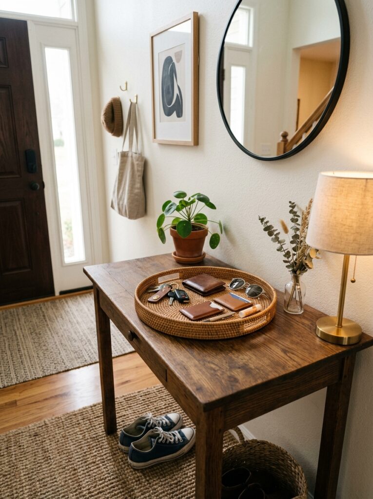 Entryway drop zone with tray and basket to organize keys and daily essentials and reduce clutter