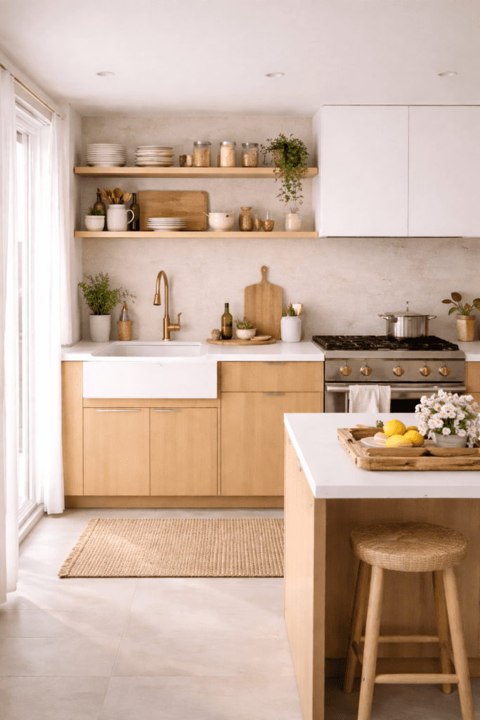 Small modern kitchen interior with open shelving, warm lighting, and neutral tones designed for a functional and stylish layout