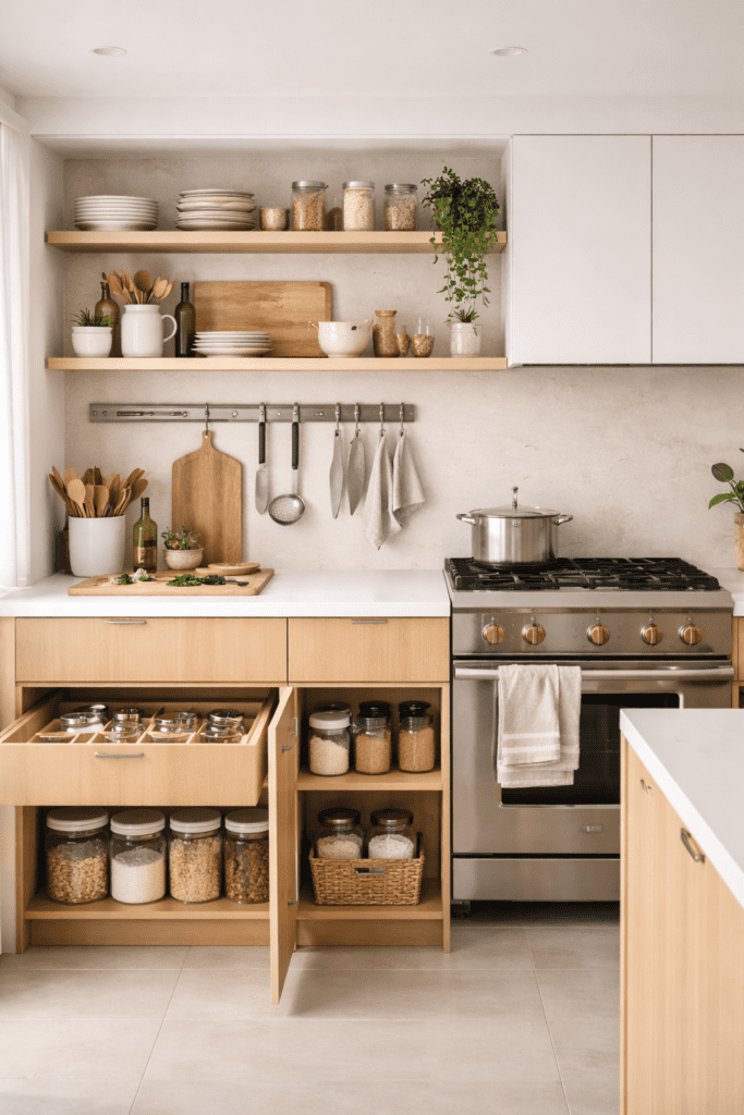 Organized kitchen with easy-access storage and practical layout designed for everyday use