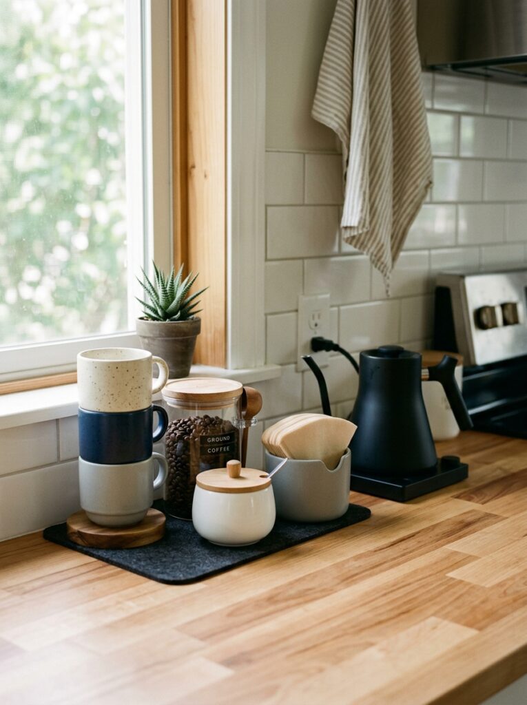 Kitchen organization with coffee items grouped together for easy use and less clutter