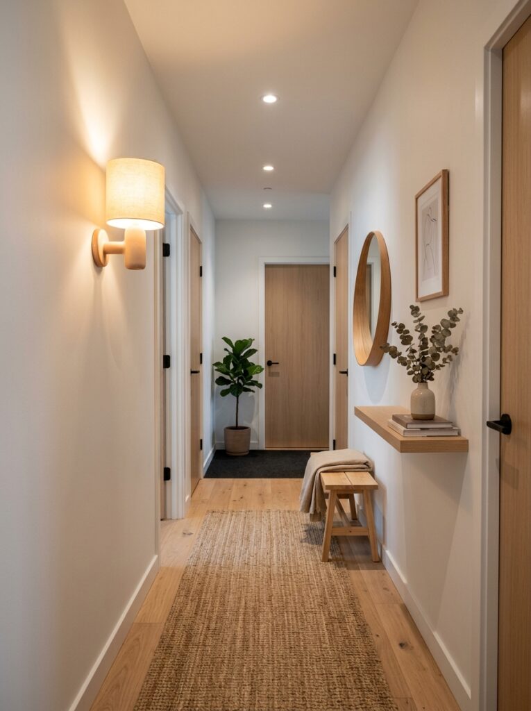 A narrow hallway with warm wall sconce lighting and soft ambient light creating a cozy and welcoming atmosphere.