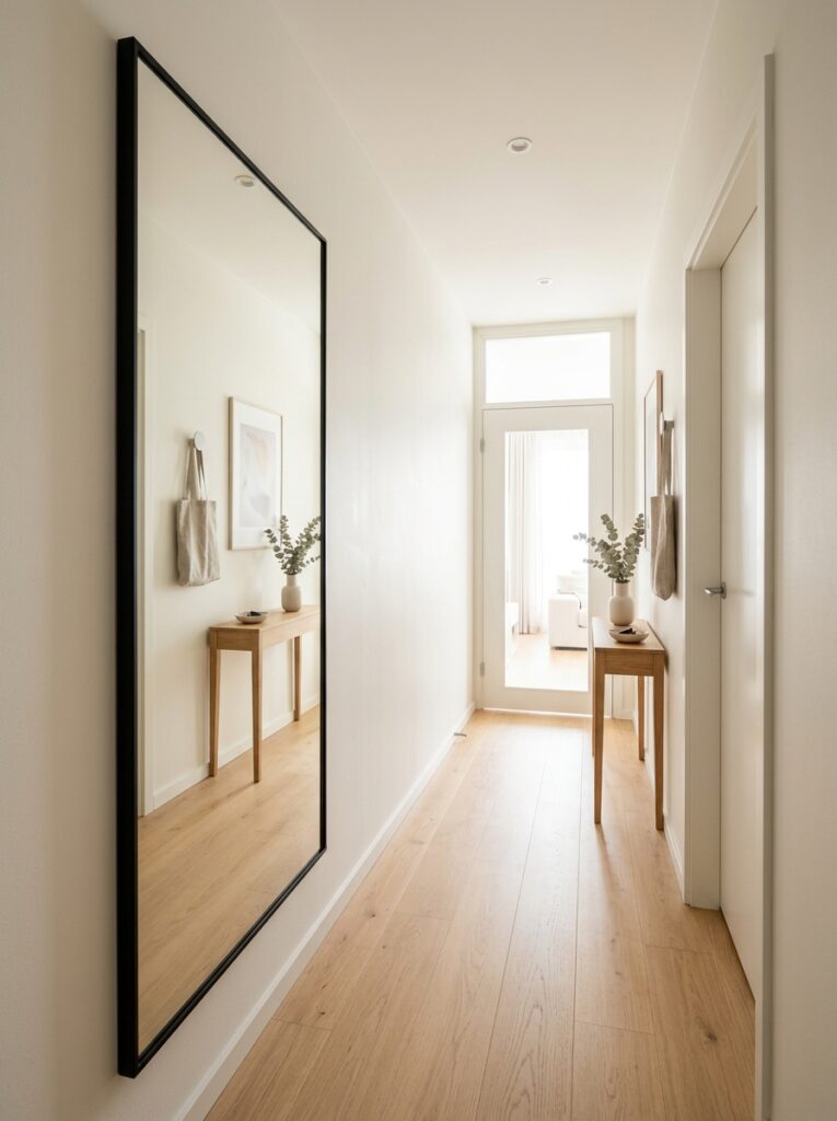 A compact hallway with a large wall mirror reflecting light and making the space appear bigger and brighter.