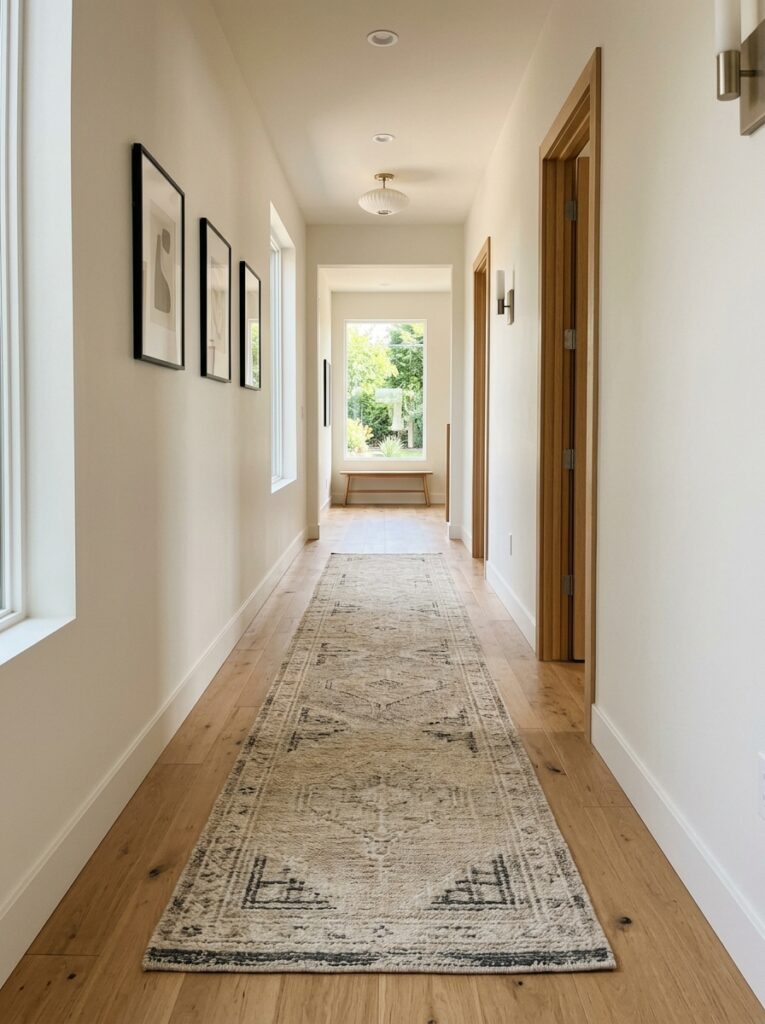 A long narrow hallway with a neutral runner rug aligned along the floor, adding warmth and visual flow.
