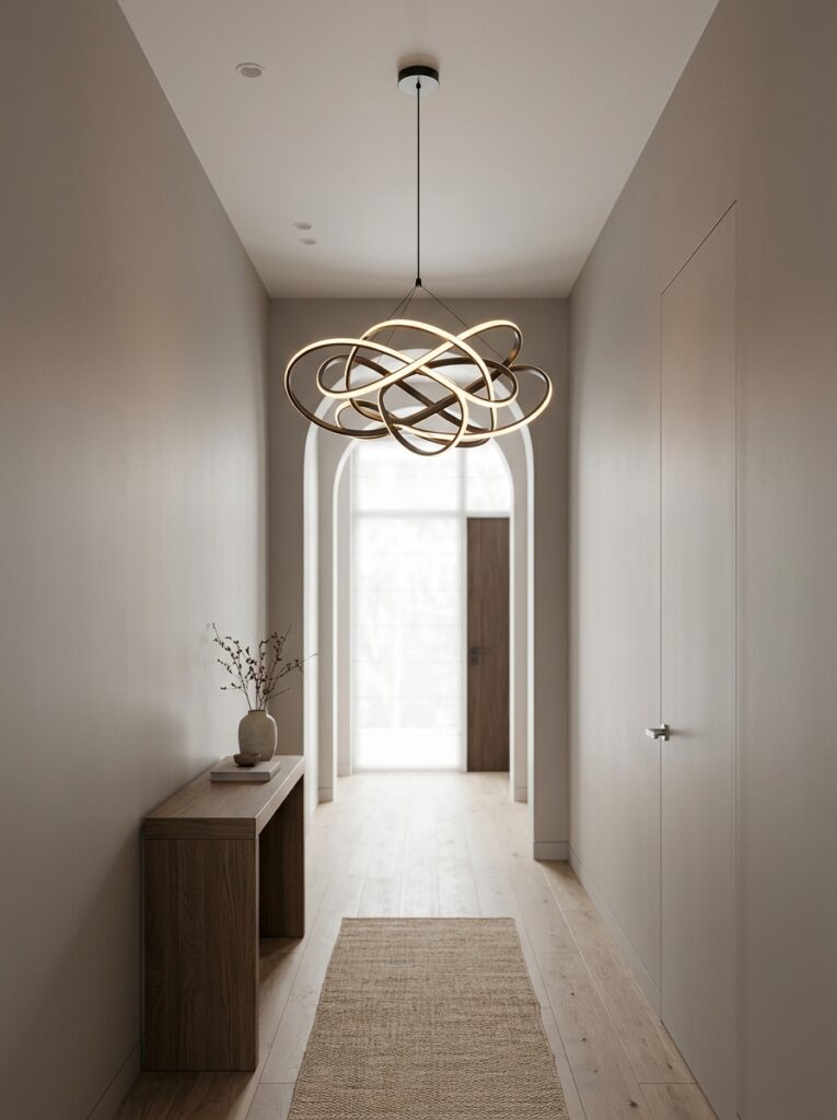 A minimalist hallway featuring a single statement piece, such as bold artwork or a unique light fixture, as the focal point.