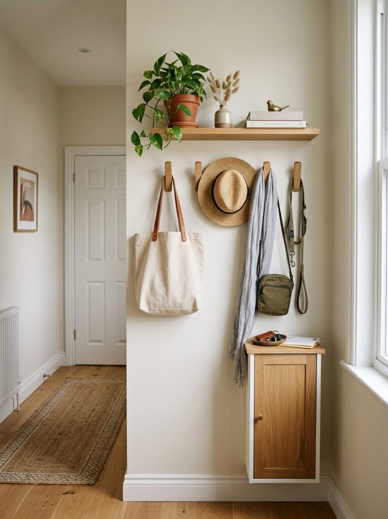 A hallway wall with hooks, floating shelves, and a small cabinet used for organized and space-saving storage.