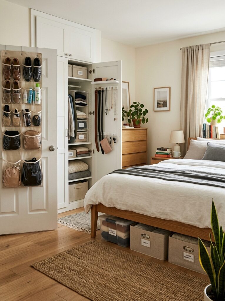 Hidden storage ideas using under bed space behind doors and cabinet organizers in a small home