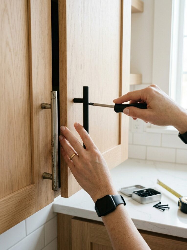 Renter-friendly kitchen upgrade replacing old cabinet handles with modern matte black hardware.